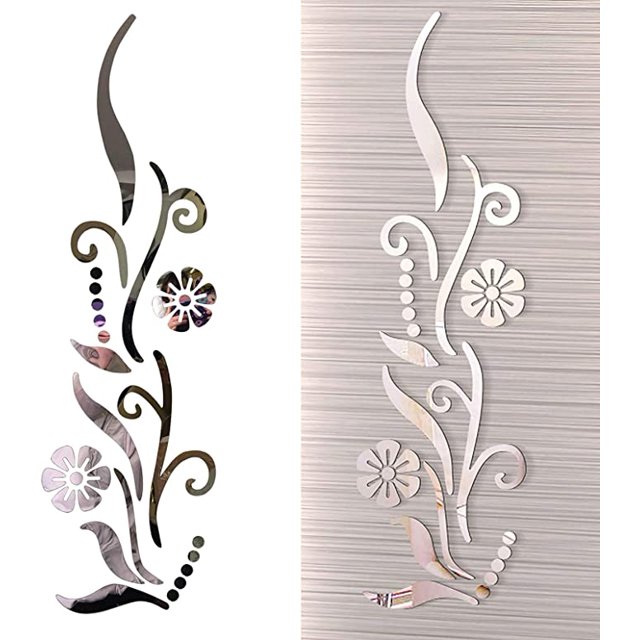 Etiqueta engomada de la pared del espejo de la flor 3D para el fondo de la pared del fondo de la pared del sofá de la sala de estar del dormitorio, decoración del hogar (plata) JAMW Sencillez