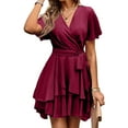 thumbnail image 2 of Women's Party Dress V-Neck Solid Color Waist Defining Irregular Hem Elegant Midi Dress for Spring Fall Banquet Date Night,Wine,4XL, 2 of 6