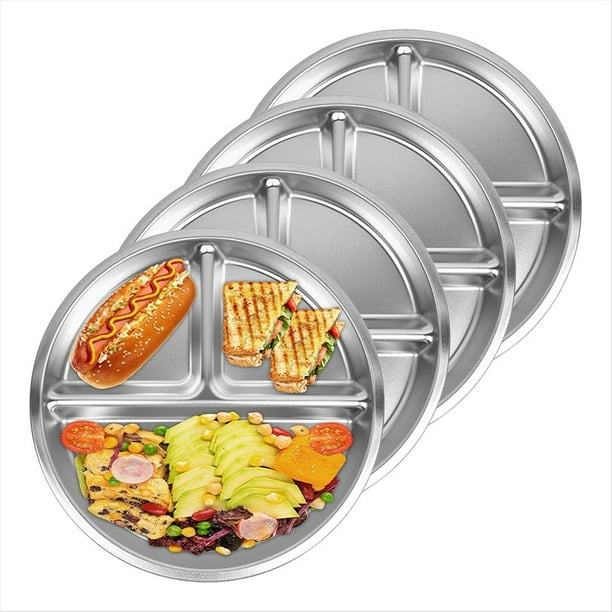 Paquete de 4 Platos de Acero Inoxidable de 8 Pulgadas, Redondos, de 3 Secciones y con División, para Control de Porciones y para Acampar.