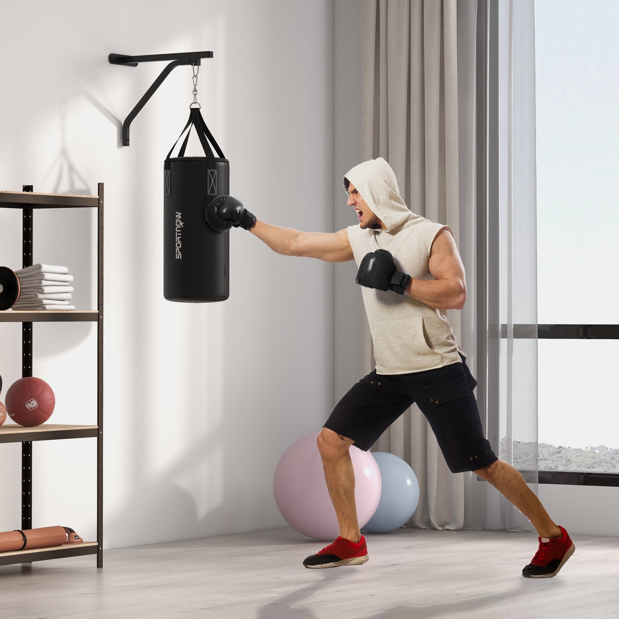 Exercise Equipment Soozier Unfilled Punching Bag for Adults, Heavy Bag Wall Mount Set with Bracket, Boxing Gloves, Hand Wraps and 360° Swivel Hook for Muay Thai and MMA Training,Workout Equipment
