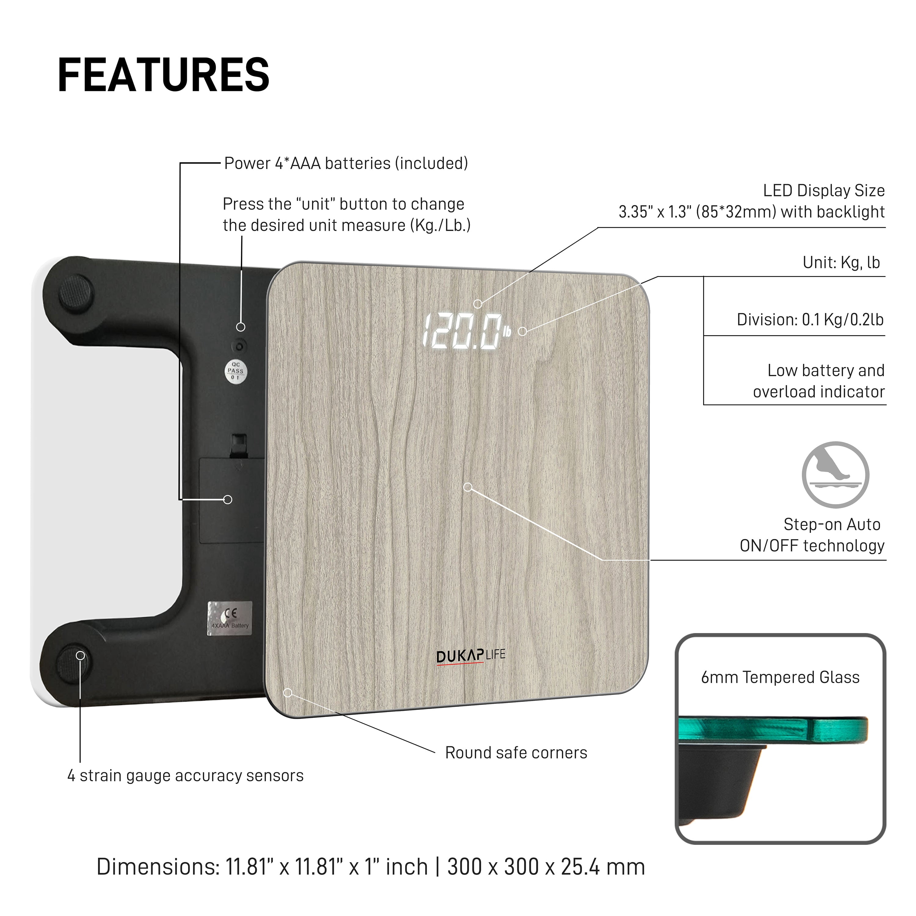 DUKAP LIFE Unique Digital Bathroom Body Weight Scale with Hidden LED Screen Display - Wood Print
