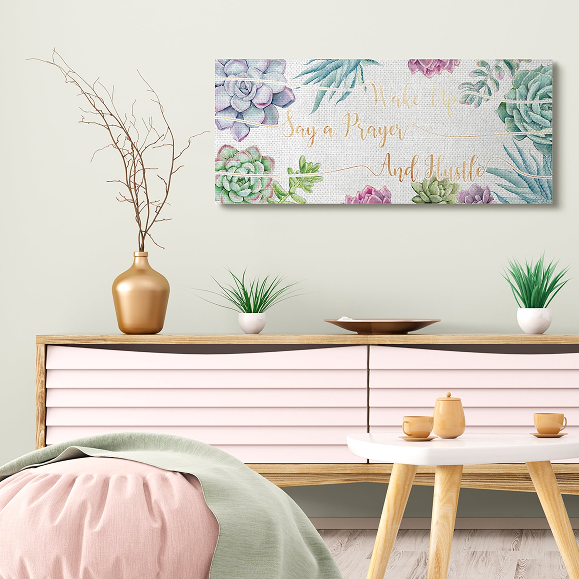 Stupell Industries Wake Up, Pray, Hustle Blooming Succulent Florals Botanical & Floral Painting Gallery Wrapped Canvas Art Print Wall Art, 17 x 40