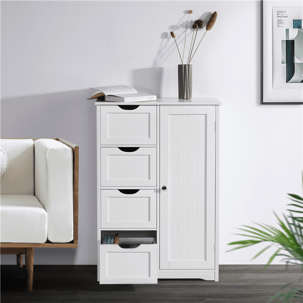 Yaheetech Wooden Cabinet Storage Unit, Wooden White Bathroom Floor Cabinet With Side Storage Cupboard And 4 Drawers