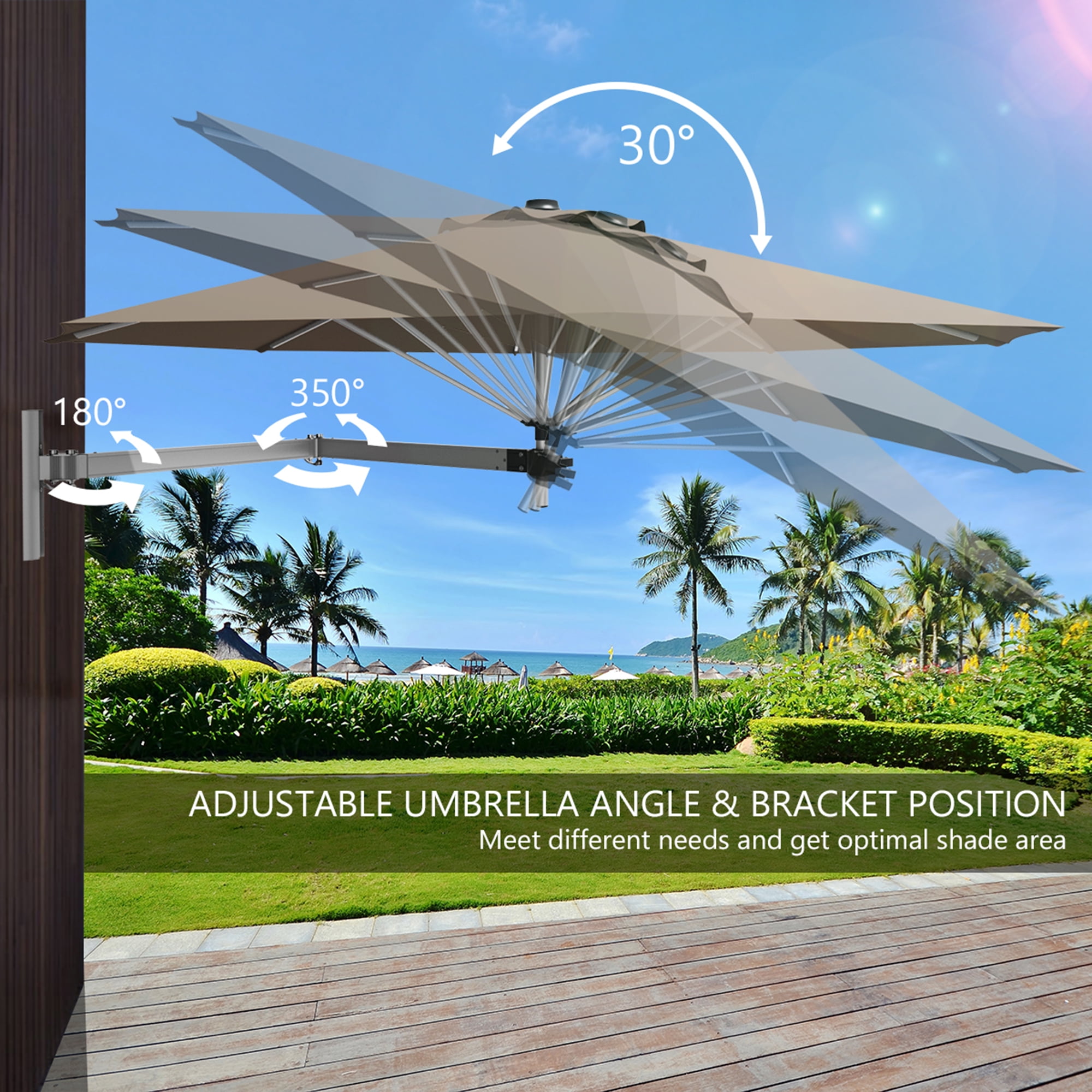 Gymax 8FT Patio Wall Mounted Cantilever Umbrella Parsol w/ Adjustable Pole Tan