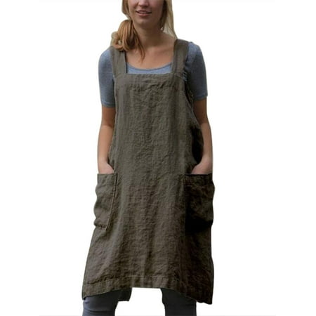 

Pudcoco Adjustable Apron Cotton Linen Solid Color Protective Cooking Apron with Two Patch Pockets