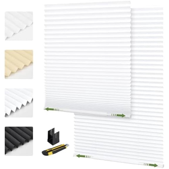 Cordless Pleated Window Shades No Drill Adjustable Bottom, Temporary Fabric Pleated Blinds for Indoor Windows with Tools Cut Size Stick On Blinds Home Office (Blackout White, 30"W x 63"H),2 Pack