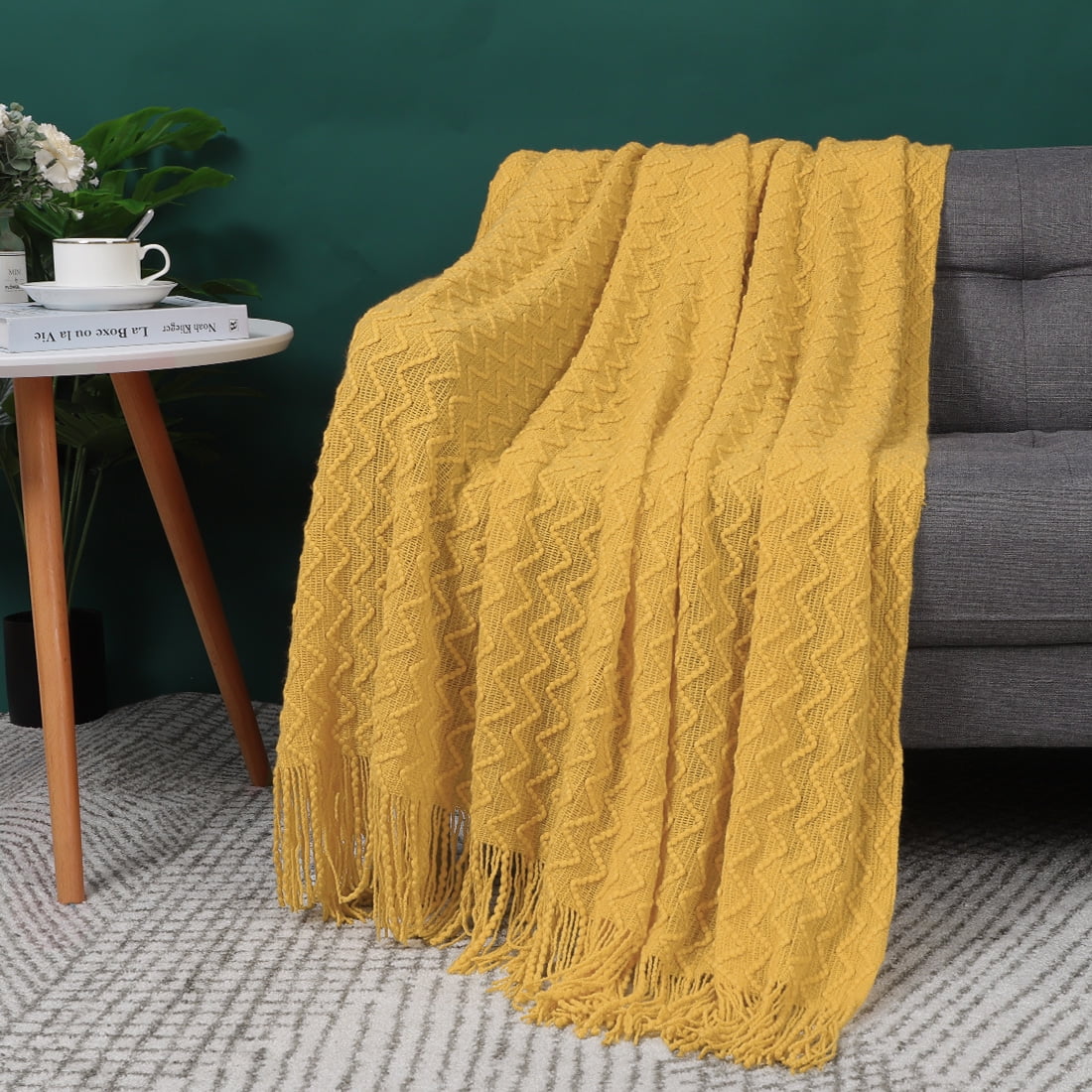 Unique Bargains Fringe Knitted Decorative Throw Blanket, 50"x 60", Yellow