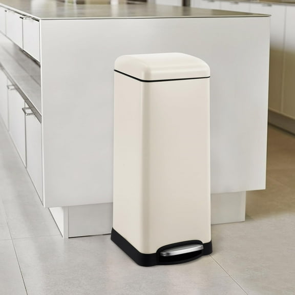 TROPOW 8 Gallon Bathroom Step Trash Can, 30-Liter Square Stainless Steel Foot Pedal Garbage Can with Soft-Close Lid for Kitchen, with Removable Inner Bucket,Beige