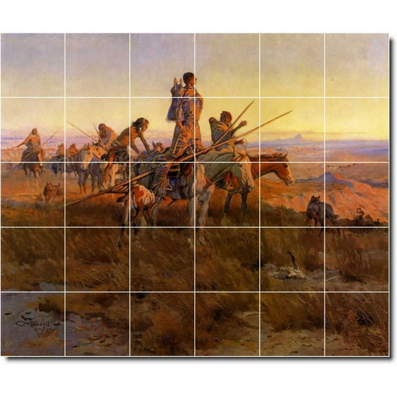 Ceramic Tile Mural-Charles Russell Indians Kitchen Tile Mural 21. 25.5" w x 21.25" h using (30) 4.25 x 4.25 ceramic tiles