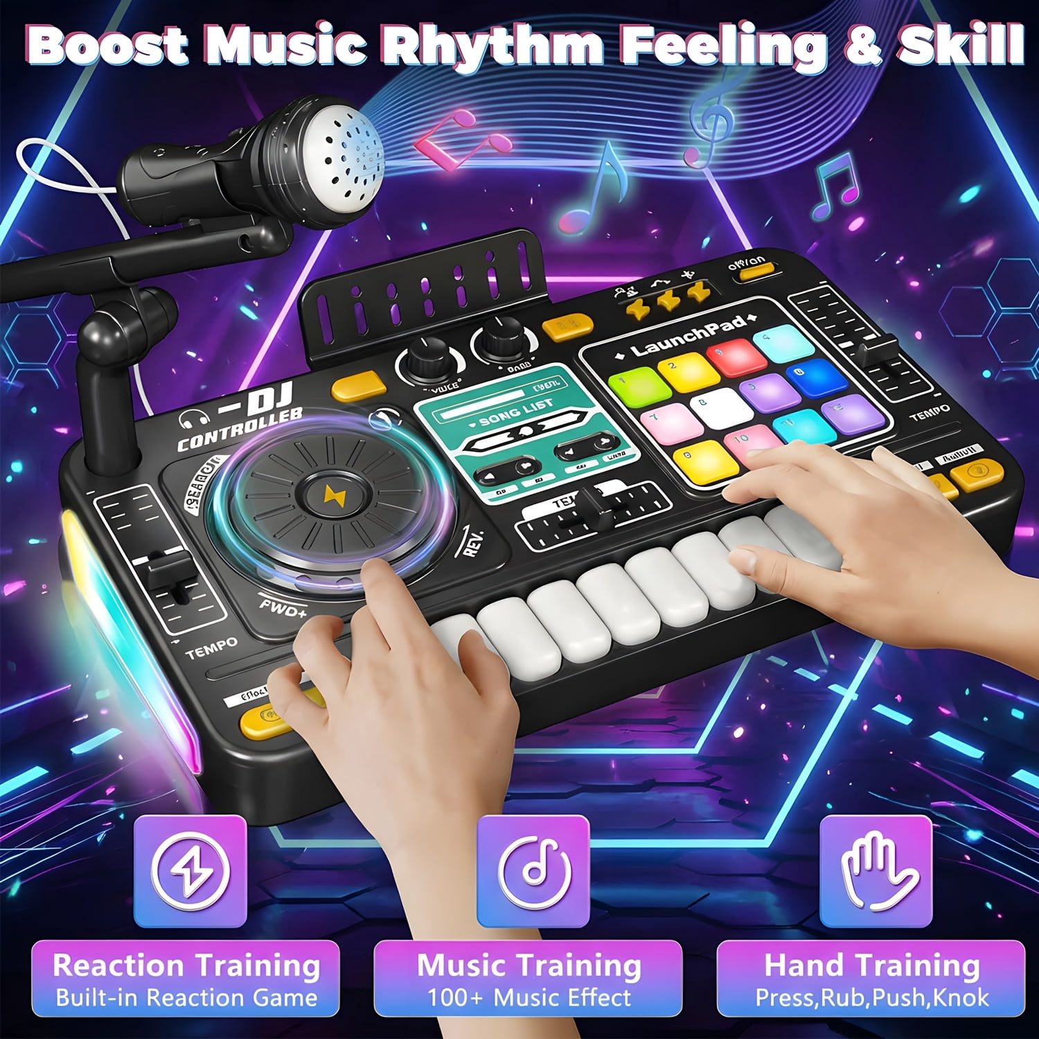 All-in-One DJ Mixing Controller with Electric Keyboard, Sound Effects & Recording Functions for Kids