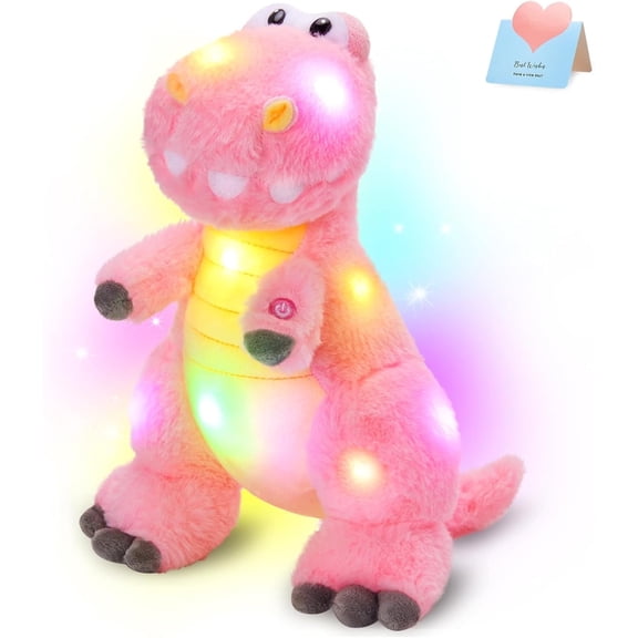 Houwsbaby 13'' Glowing LED T-Rex Dinosaur Light Up Stuffed Animal Soft Colorful Plush Toy Hugging Present for Kids Boys Girls Babies Accompany at Night Pet Decoration Holiday Birthday,Pink
