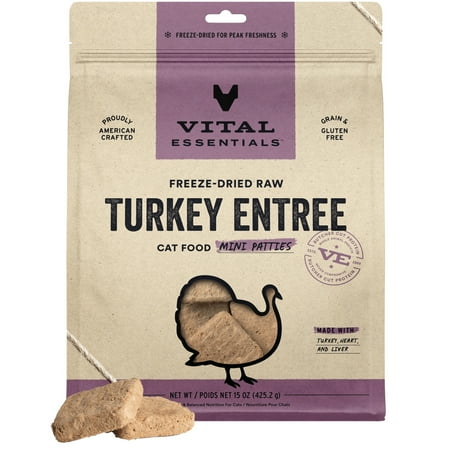 Vital Essentials Turkey Mini Patties Entree Meal or Mixer Freeze-Dried Raw Cat Food  15-oz bag