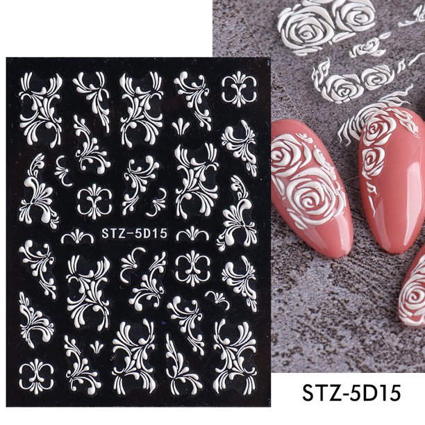 Calcomanías de flores para decoración de uñas, calcomanías de uñas de flores grabadas en 5D, accesorios de arte de uñas de boda blanca, puntas francesas, diseños de uñas, autoadhesivas, de encaje, tal kaili Sencillez