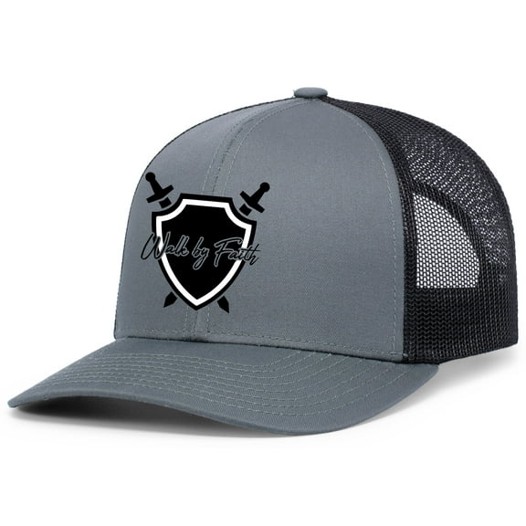 Mens Christian Hat Walk By Faith Shield Christ Faith Mesh Back Trucker Hat Baseball Cap-Charcla/Black