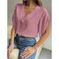thumbnail image 4 of Tops de manga corta con volantes para mujer Camisa de manga corta con cuello en V profundo de encaje informal a la moda para ir de compras en el trabajo diario Rosa S, 4 of 8