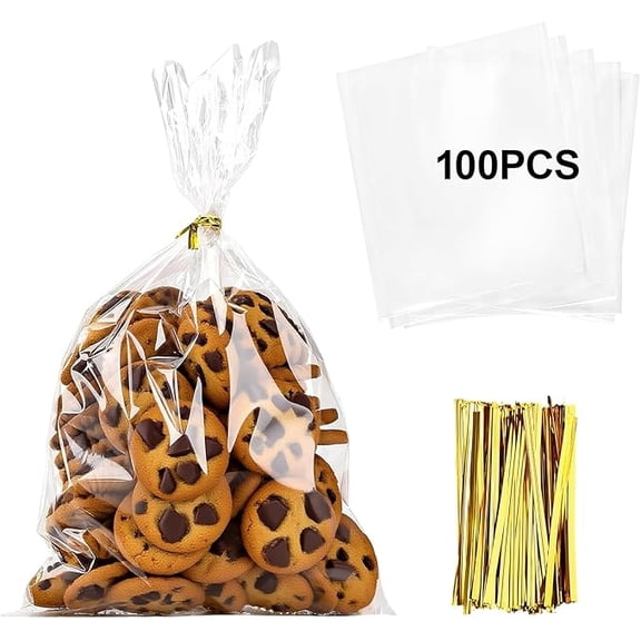 100 Pcs Transparent Glass Paper Gift Bags, 8 x 11 Inch (2 mils)Clear Bags with Twisted Rope Handles for Baking Cookies Candy Chocolate Popcorn