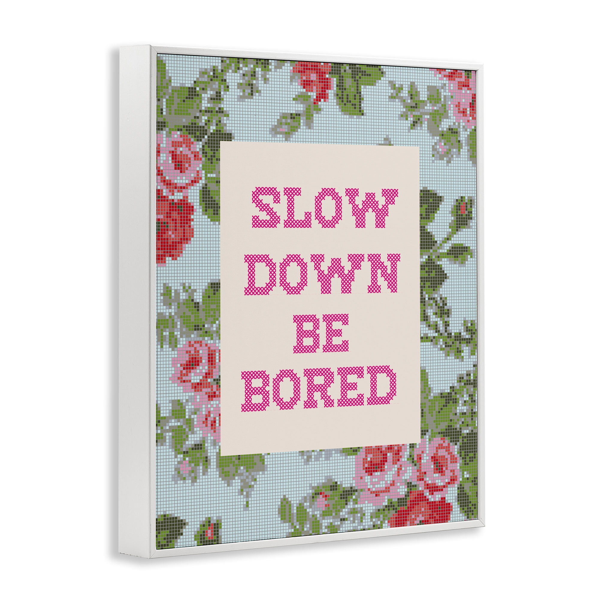 Stupell Industries Slow Down Be Bored Faux Cross Stitch White Framed Giclee Art, design by Lil' Rue