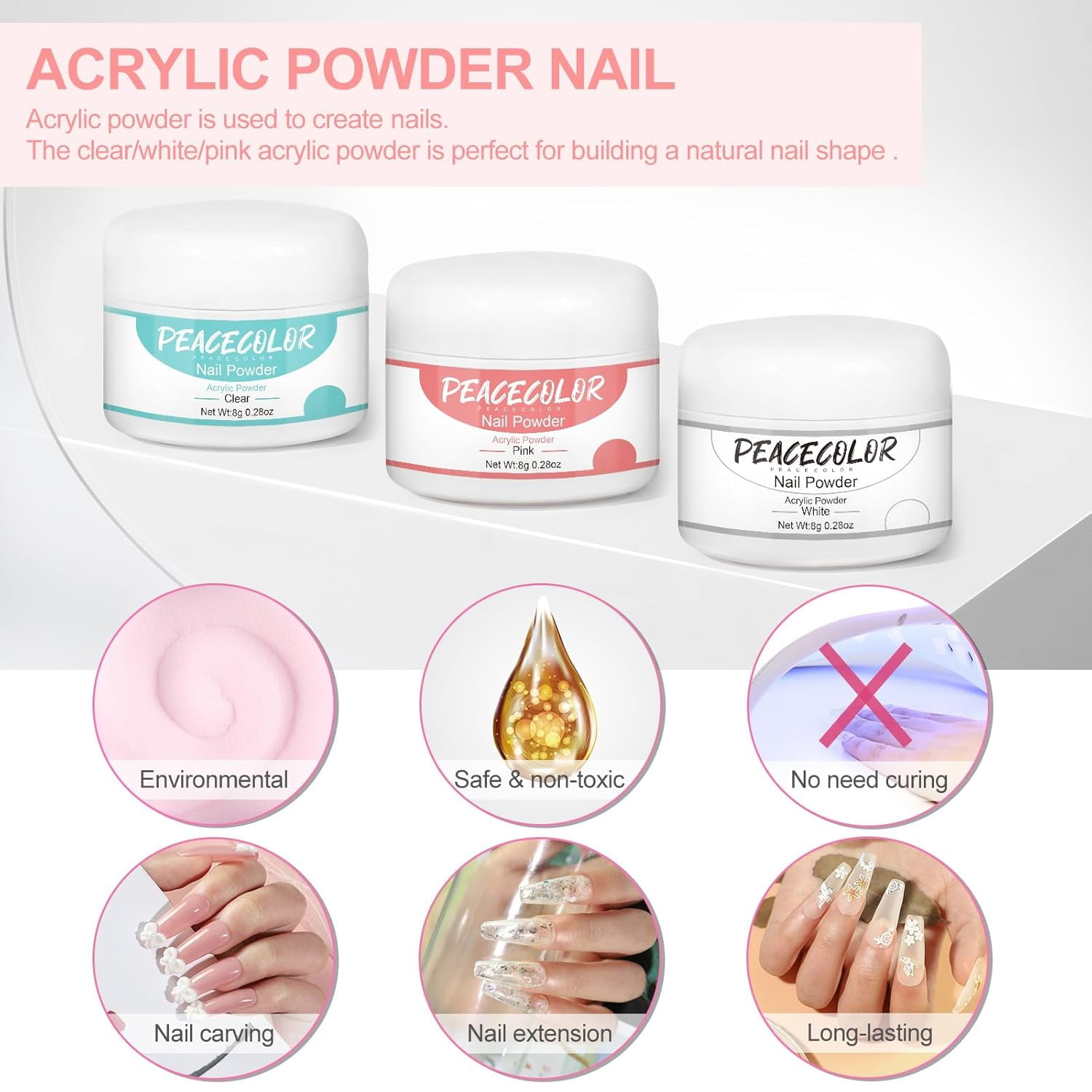NeoMart - Acrylic Nail Kit for Beginners,Clear/White/Pink Acrylic Powder Set Nail Drill U v light Nail Kit for Beginner 100PC Fake Tips Brush Manicure Tools for Extensions Starter Set DIY Home Salon