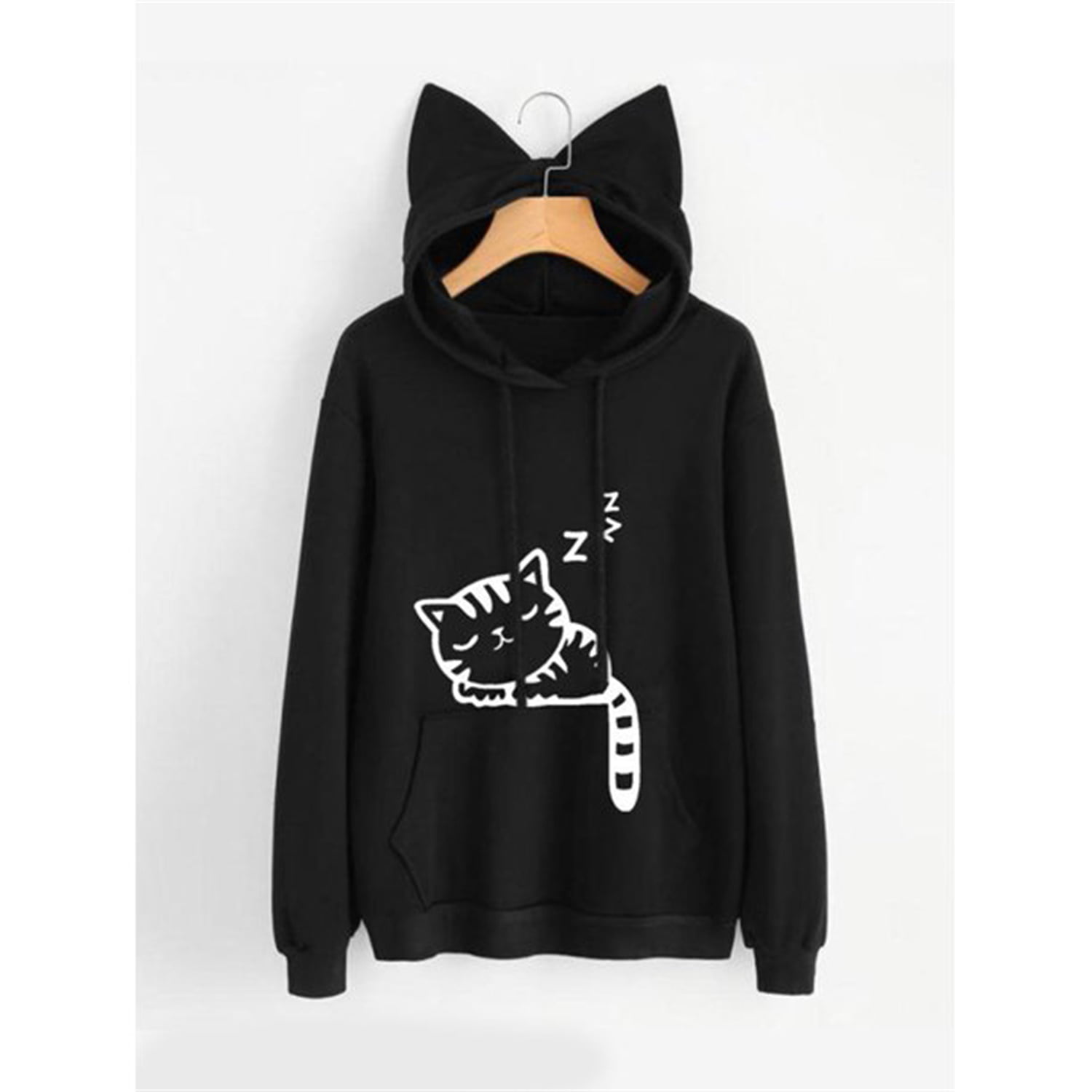 STYLEIE Women Drawstring Letter Cat Graphic Hoodie High-Low Hem Pockets Pullover 