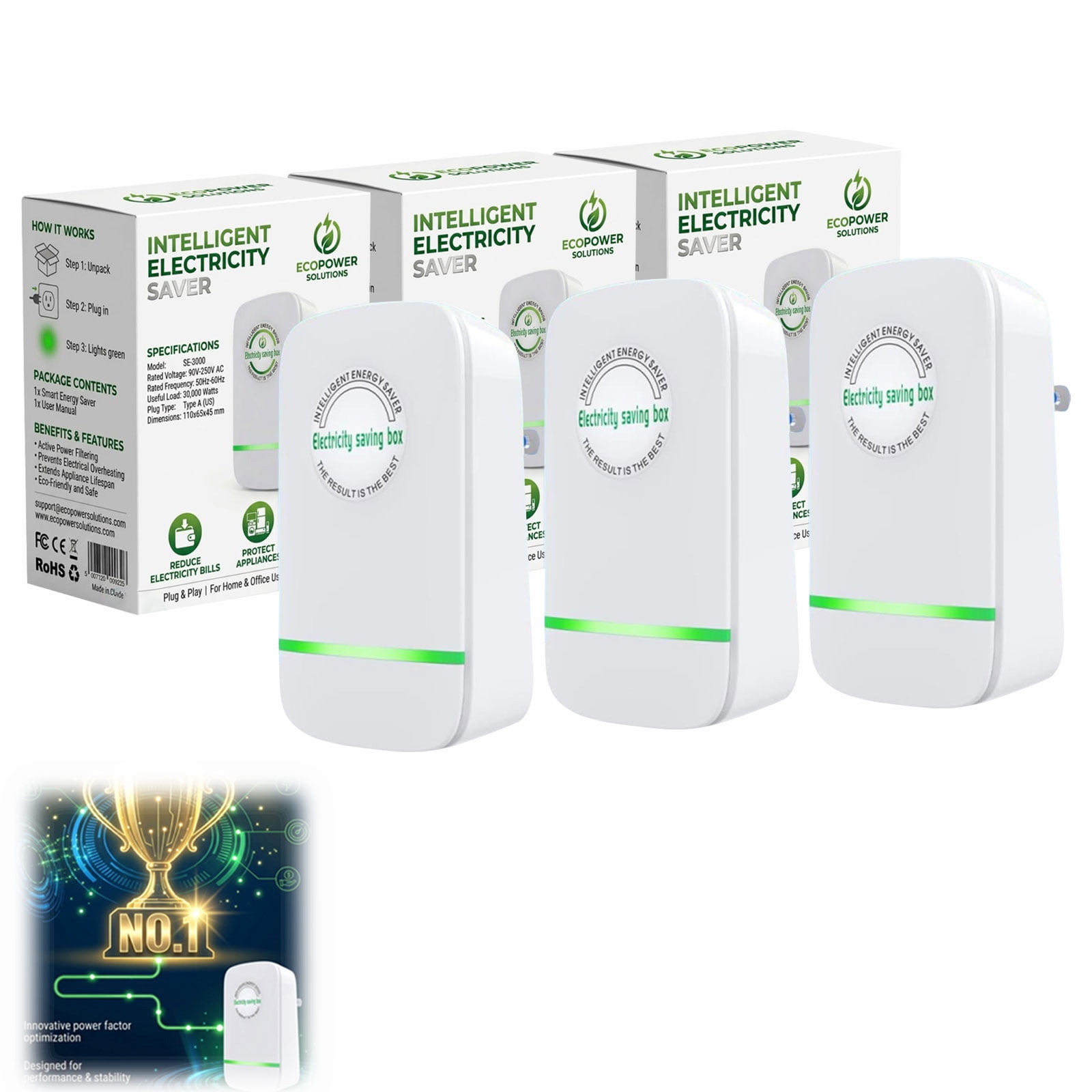 Electricity Saving Box, Smart Energy Power Saver Device, Intelligent Plug-In for Home & Office, Reduce Electric Bill, Improve Power Factor, Protect Appliances & Voltage (3PC)