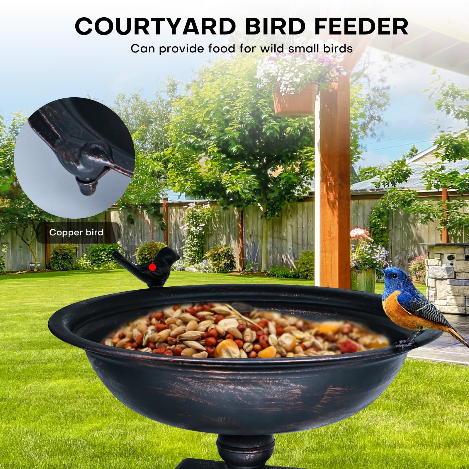Hongshifu 12in Deck-Mounted Vintage Bird Bath with Adjustable Steel Clamp - Lightweight Detachable Metal Bowl for Railing, Balcony, Yard and Garden - Rustproof and Easy to Clean