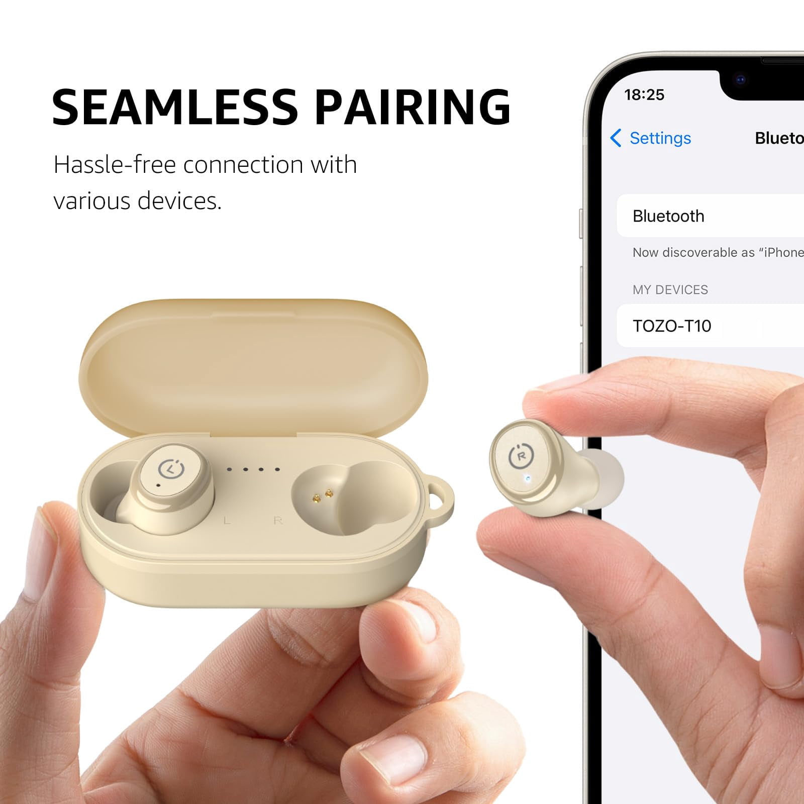 TOZO T10 Bluetooth Earbuds Bluetooth Headphones, 55H, Stereo Bass, App Customize 32 EQ, Wireless Charge, IPX8 Waterproof, 100+ White Noise Tracks, Ergonomic Design, khaki