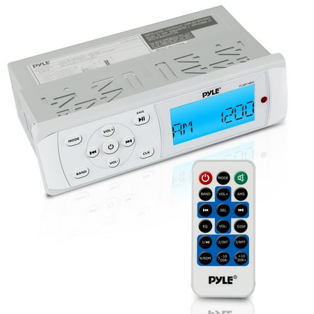 PYLE PLMR14BW - Bluetooth Marine Stereo Radio - Waterproof/Weather Proof Single DIN 12v Boat Receiver with Digital LCD, RCA, MP3 / USB, AM FM, Weatherband - Wiring Harness, Remote Control -(White)