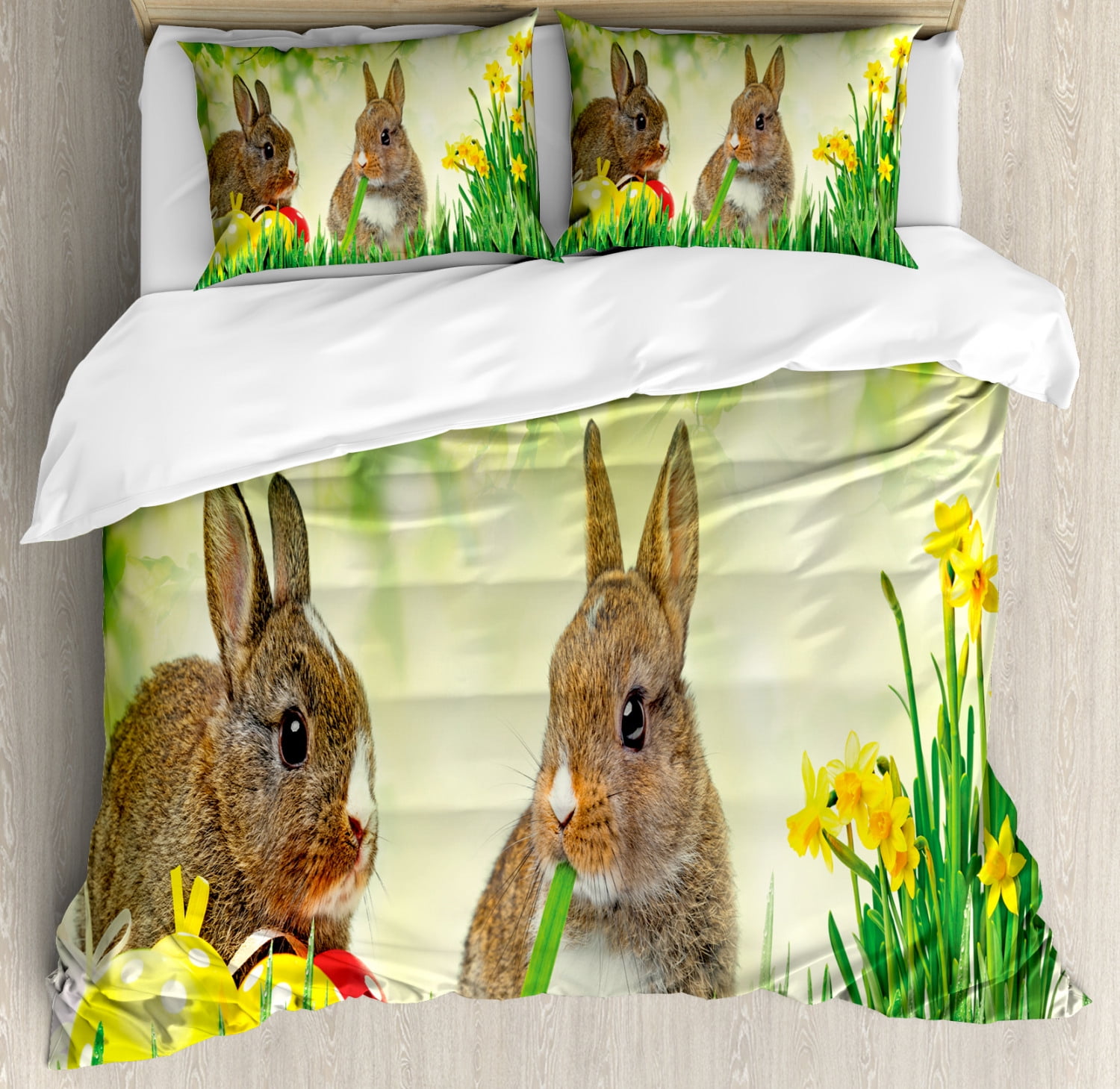 Easter Bunny Duvet Cover Set Queen Size, Brown Litte Rabbits Meadow