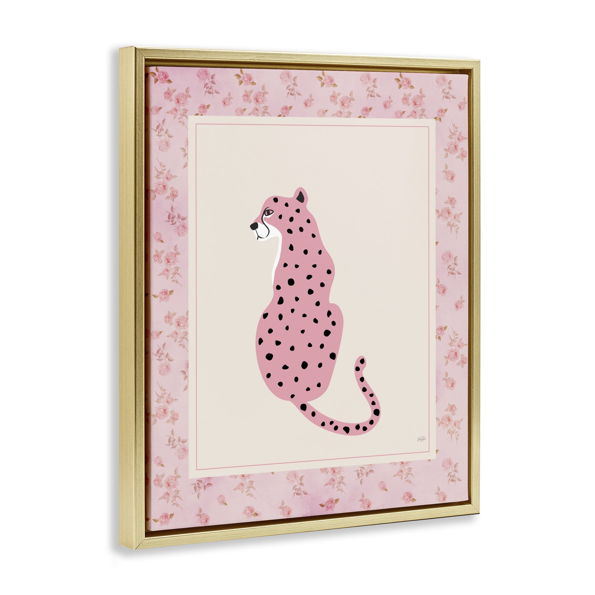 Stupell Industries Pink Sitting Cheetah with Border Gold Framed Floater Canvas Wall Art, design by Natalie Carpentieri