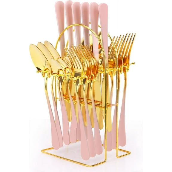 24 Pieces Flatware Set, Stainless Steel Cutlery Set with Silverware Holder, Modern Gold Silverware Set Includes Dinner Knives Forks Spoons,Hanging Silverware Set Service for 6 (Pink)
