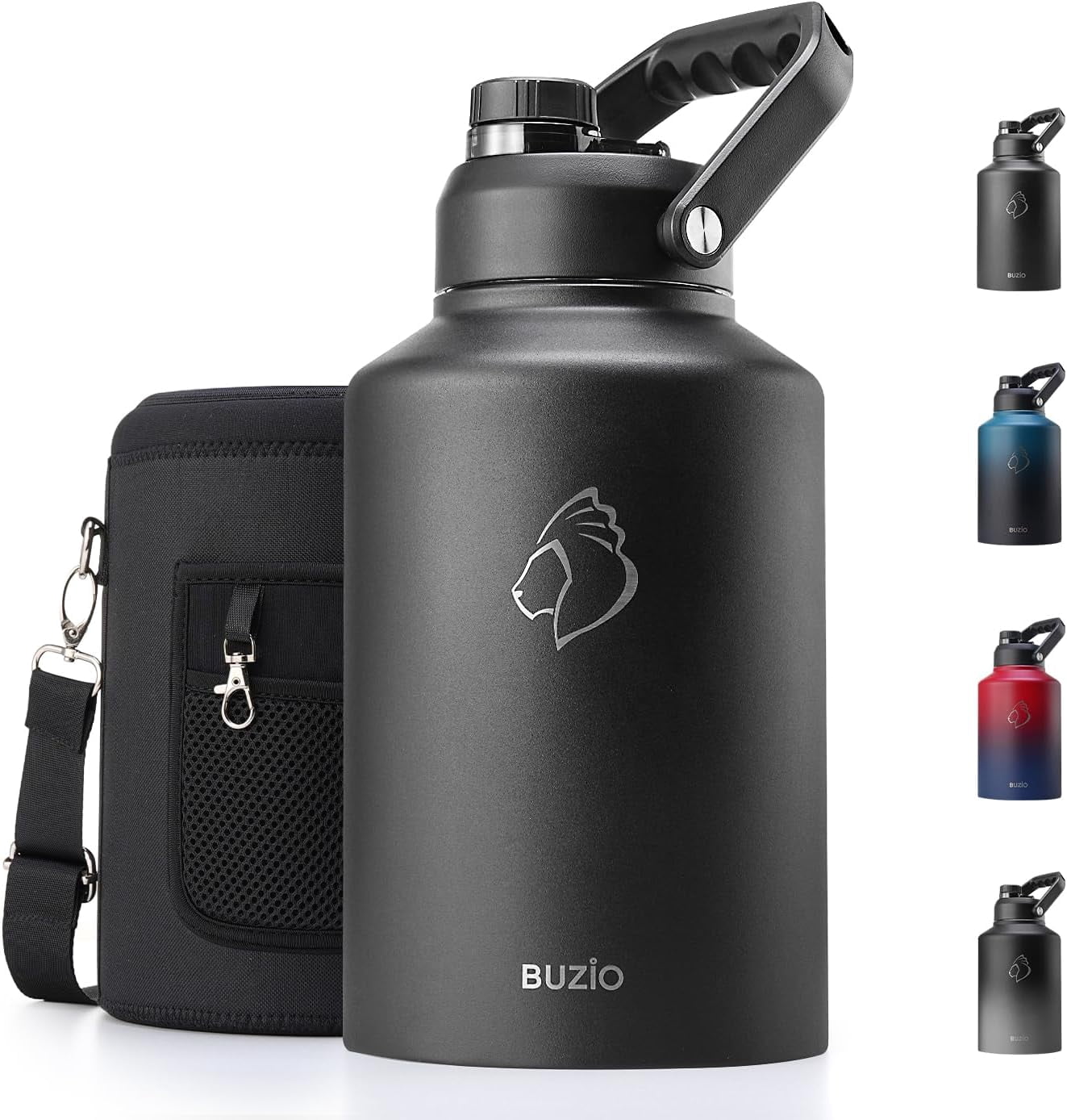 BUZIO 128oz One Gallon Insulated Large Stainless Steel Big Wide Mouth Water Jug Flask Water Bottle with Carrying Sleeve,Magic Black