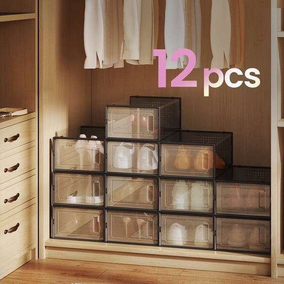 LEDREM 12-Pack Clear View Shoe Organizers - Stackable Plastic Storage Boxes for Closet, Fits Size 11, Easy Snap Assembly, Transparent and Black