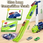 Huge Wave Toddler Truck Race Track Toys for Boys, Foldable 2.8-Ft Race Track, Dinosaur Truck Transport Toy, with 6 Die-Cast Race Car, Birthday Gifts for Kids