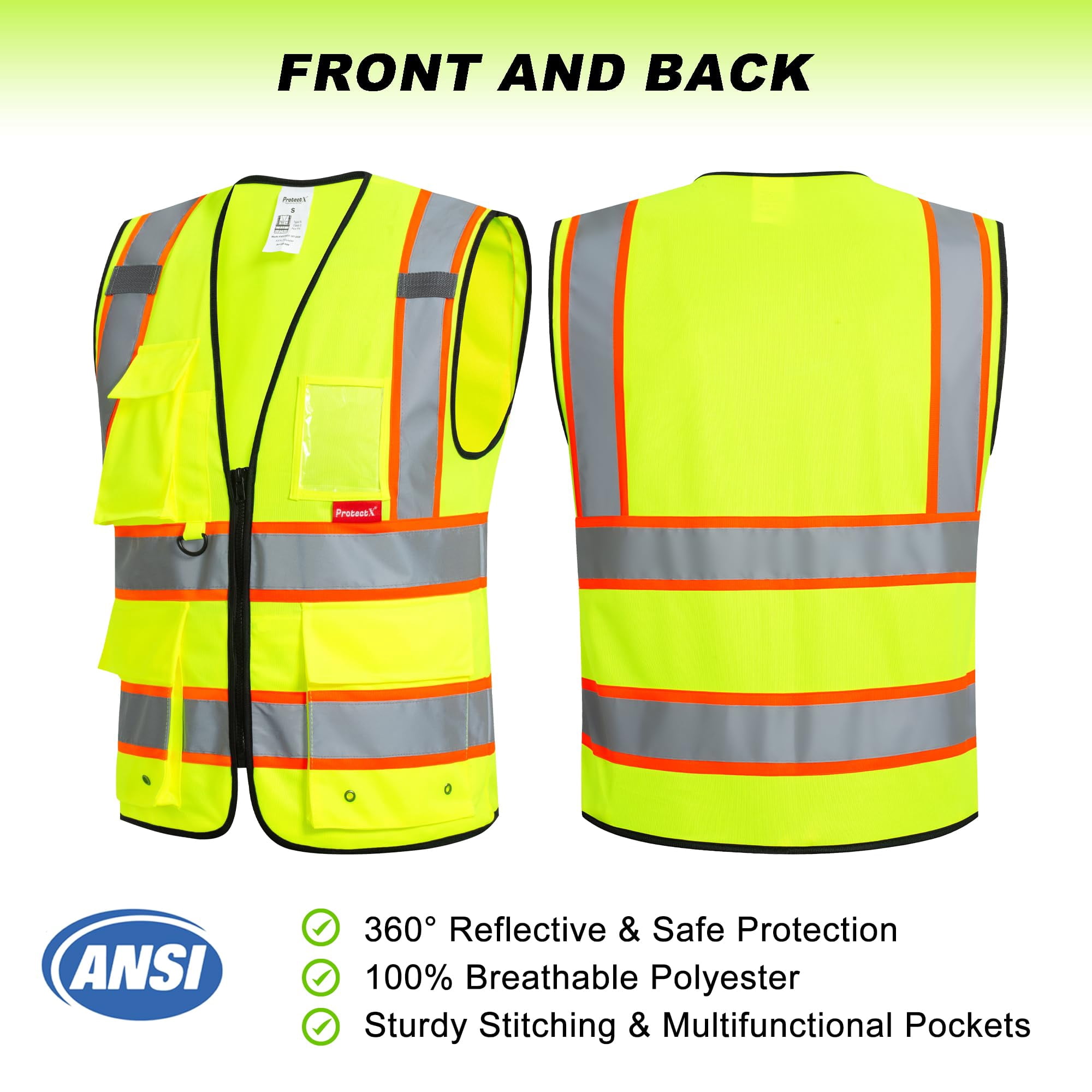 ProtectX Hi Vis Reflective Safety Vest for Men Women High Visibility Construction Work Vest with Pockets Zipper Class 2 Neon Green Large