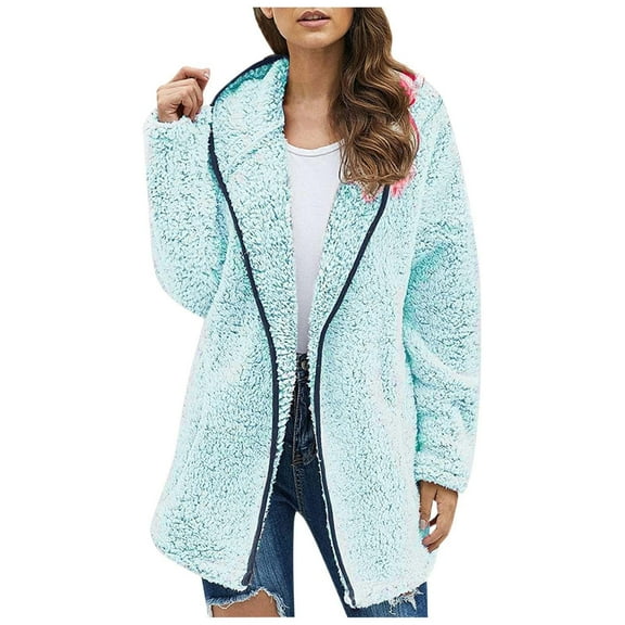 BSDJILFG Women Winter Sherpa Jacket Coat Long Sleeve Lapel Fuzzy Warm Fleece Open Front Hooded Cardigan Outerwear with Pockets