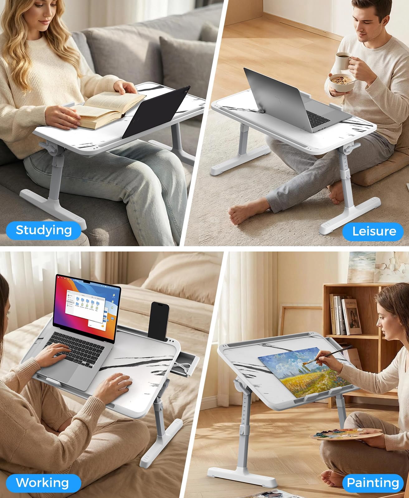 Laptop Bed Tray Table  Adjustable Sturdy Stand For With Materials Folding Portable Lap Desk Drawer Writing Working Reading Eating Couch Floor (marble 22.04"*12.2")