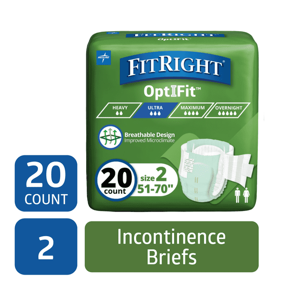 FitRight Stretch Adult Incontinence Briefs, Diapers with Tabs, Ultra Absorbent, Size 2, 51in to 70in, 20 Count