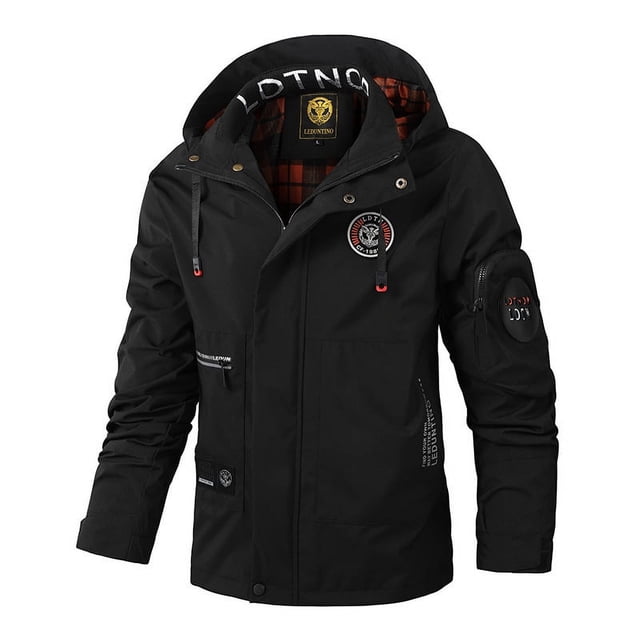 Multiple Pocket Design Embroidery Long Sleeve Zip UpDrawstring Hooded jacket, Men's Stand Collar Thin Jacket For SpringOutdoor