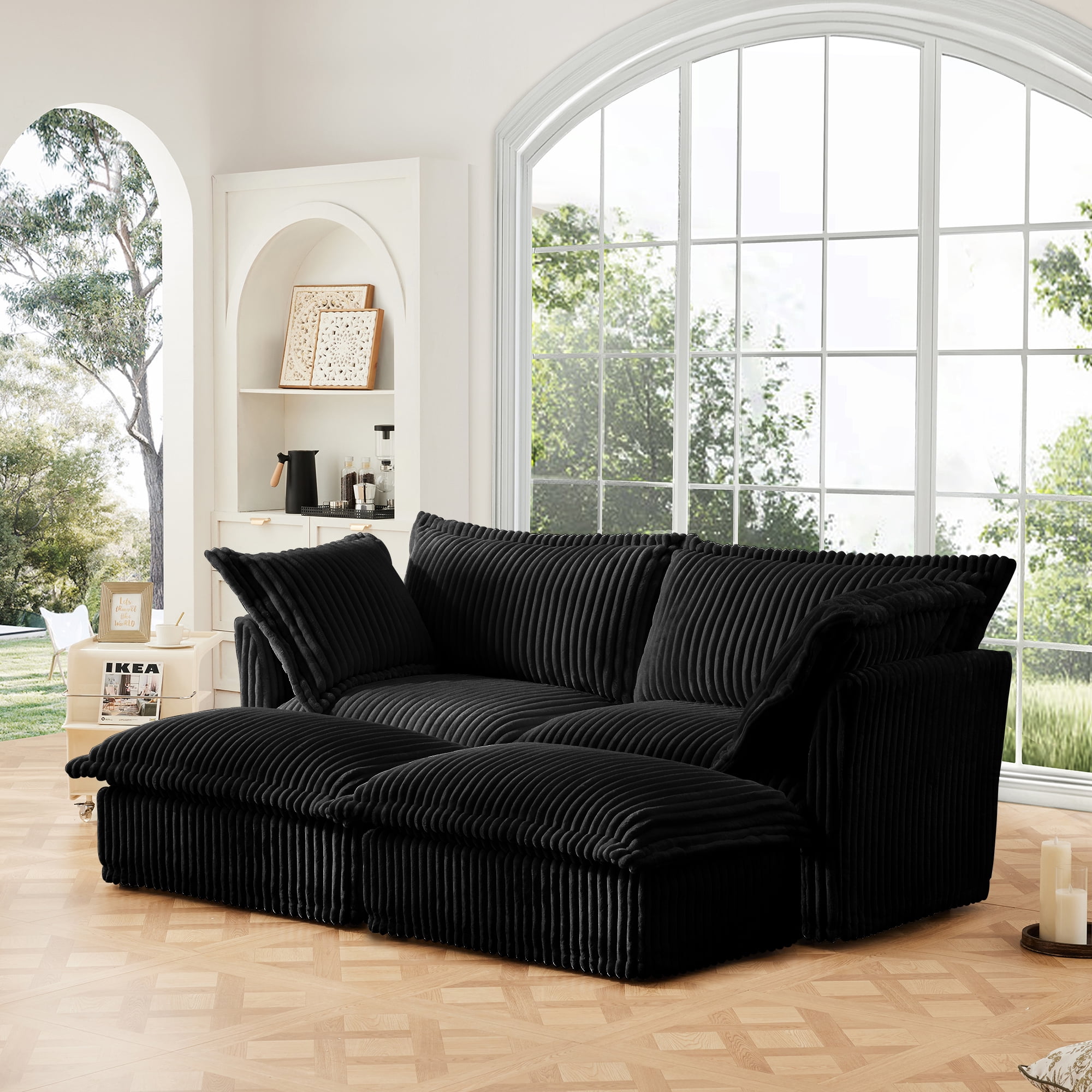 Gewnee Modern Corduroy Deep Seat Loverseat Seational Sofa Couches With 2 Ottomans,Comfy Cream Corduroy Sofa for Living Room,Apartment