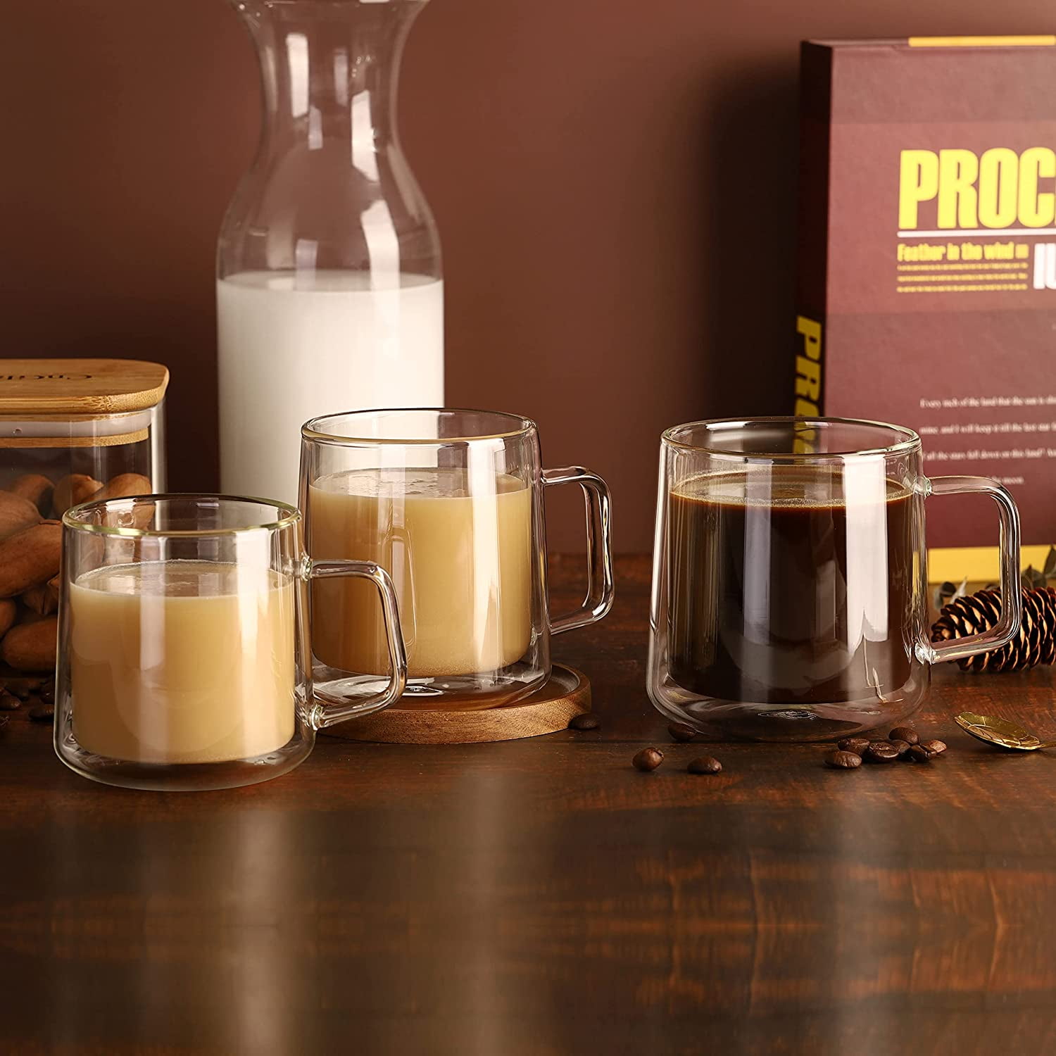 CNGLASS 15.2oz Glass Coffee Mugs,Double Wall Insulated Glass Mugs with Handle,Clear Espresso Mugs for Latte,Cappuccino,Tea Bag,Set of 2