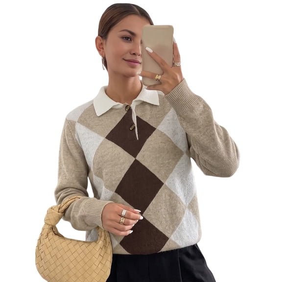 Women'S Argyle Sweater Plaid Long Sleeve Crew Neck Knit Pullover Casual Preppy Sweater Tops Khaki S