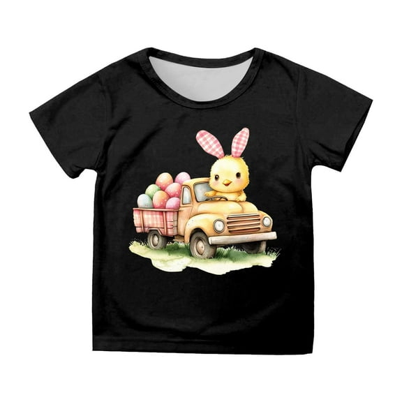 MIXUE Toddler Girls Tops & T-Shirts Easter Bunny Round Neck Short Sleeve Casual Tops Pullover Tee Shirts Streetwear,Black,3-4 Years