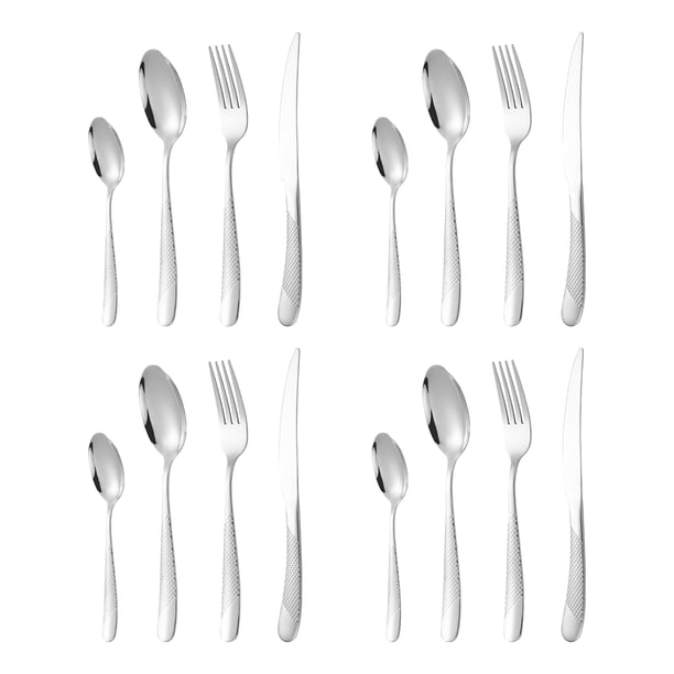 16 piezas Juego de cubiertos de acero inoxidable martillado negro moderno, juego de cubiertos de titanioJuego de cubiertos con revestimiento de plata para 4 personas, reutilizable, apto