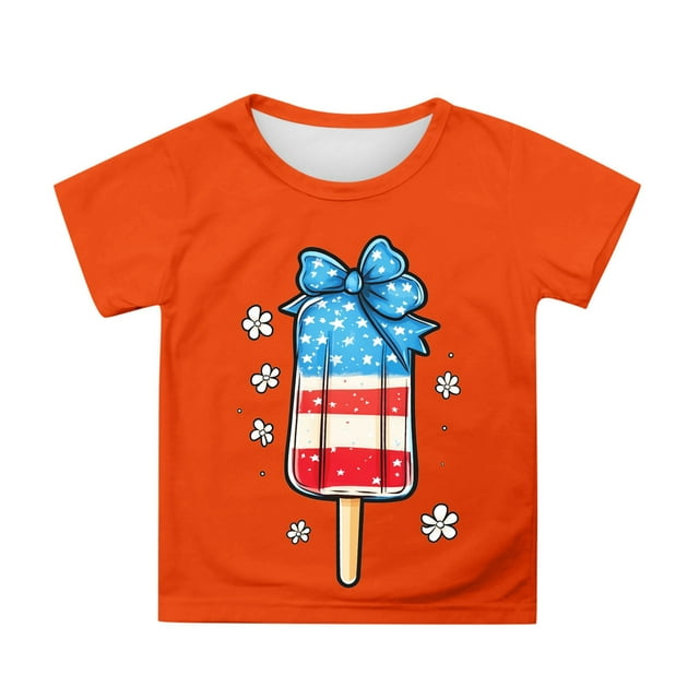 Hauts Décontractés pour Petites Filles Tee à Manches Courtes avec Imprimé Jour de l'Indépendance Blouse Col Rond pour Enfants Taille 6-7T