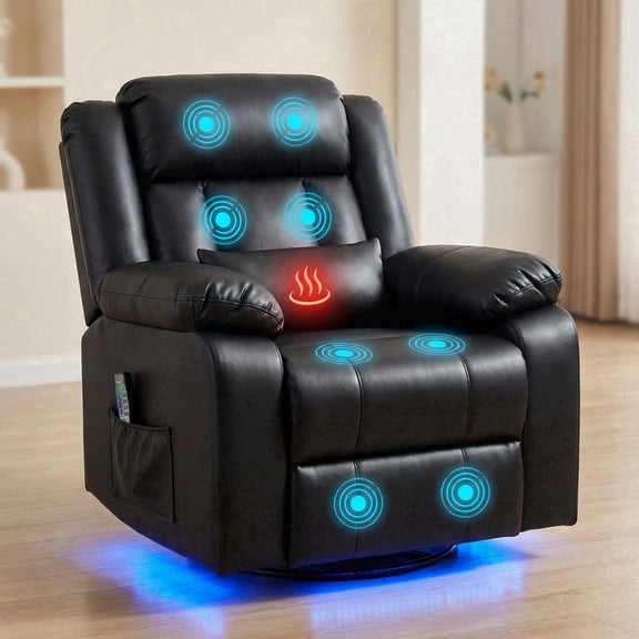 IPKIG Electric Power Recliner with Heat & Massage, 240° Swivel Rocking Chair for Living Room, LED Home Theater Recliner, Faux Leather Black