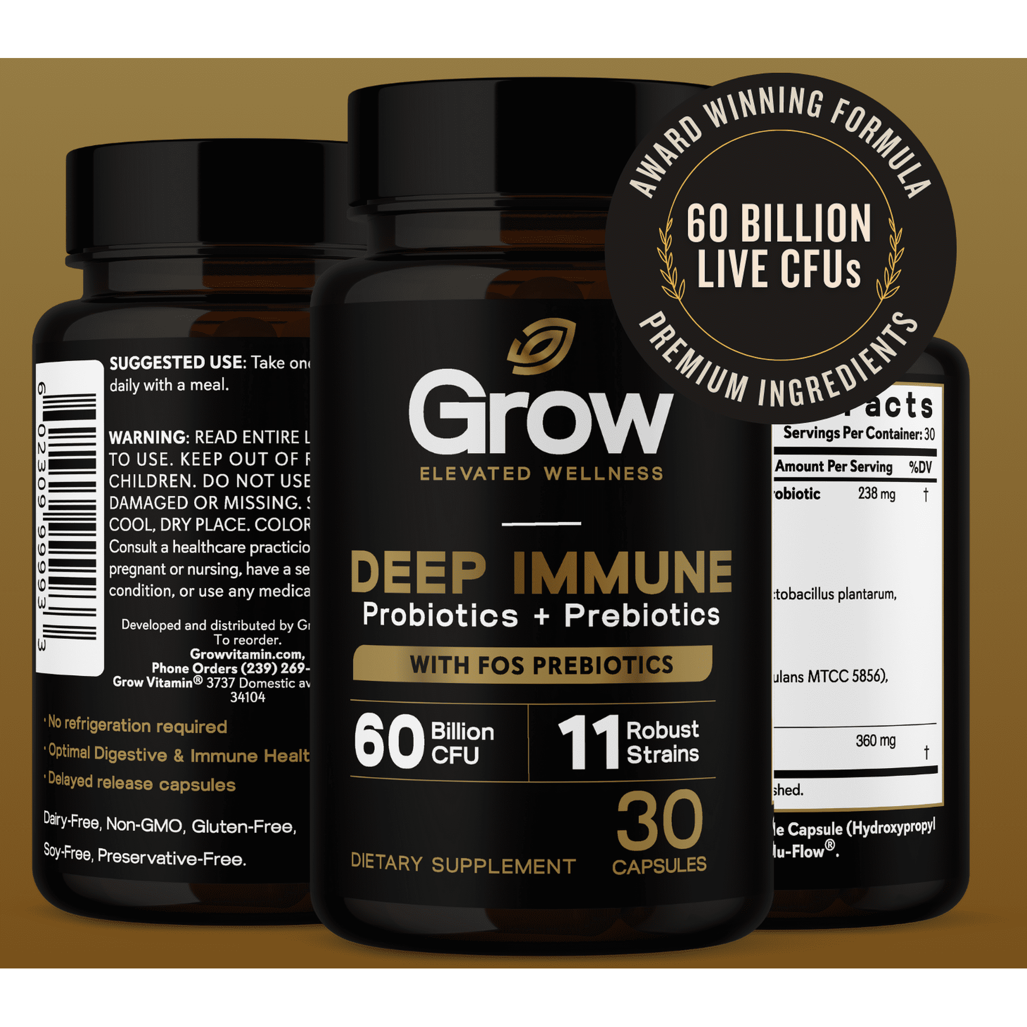 Grow Deep Immune Probiotic Supplement with FOS, 60 Billion CFU, 30 Capsules