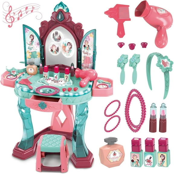 OLEOCA Toddler Vanity Table for Girls — Princess Makeup Playset with Light & Sound Mirror, Magic Sensor, Stool & Accessories, Pretend Beauty Toy for Ages 3 