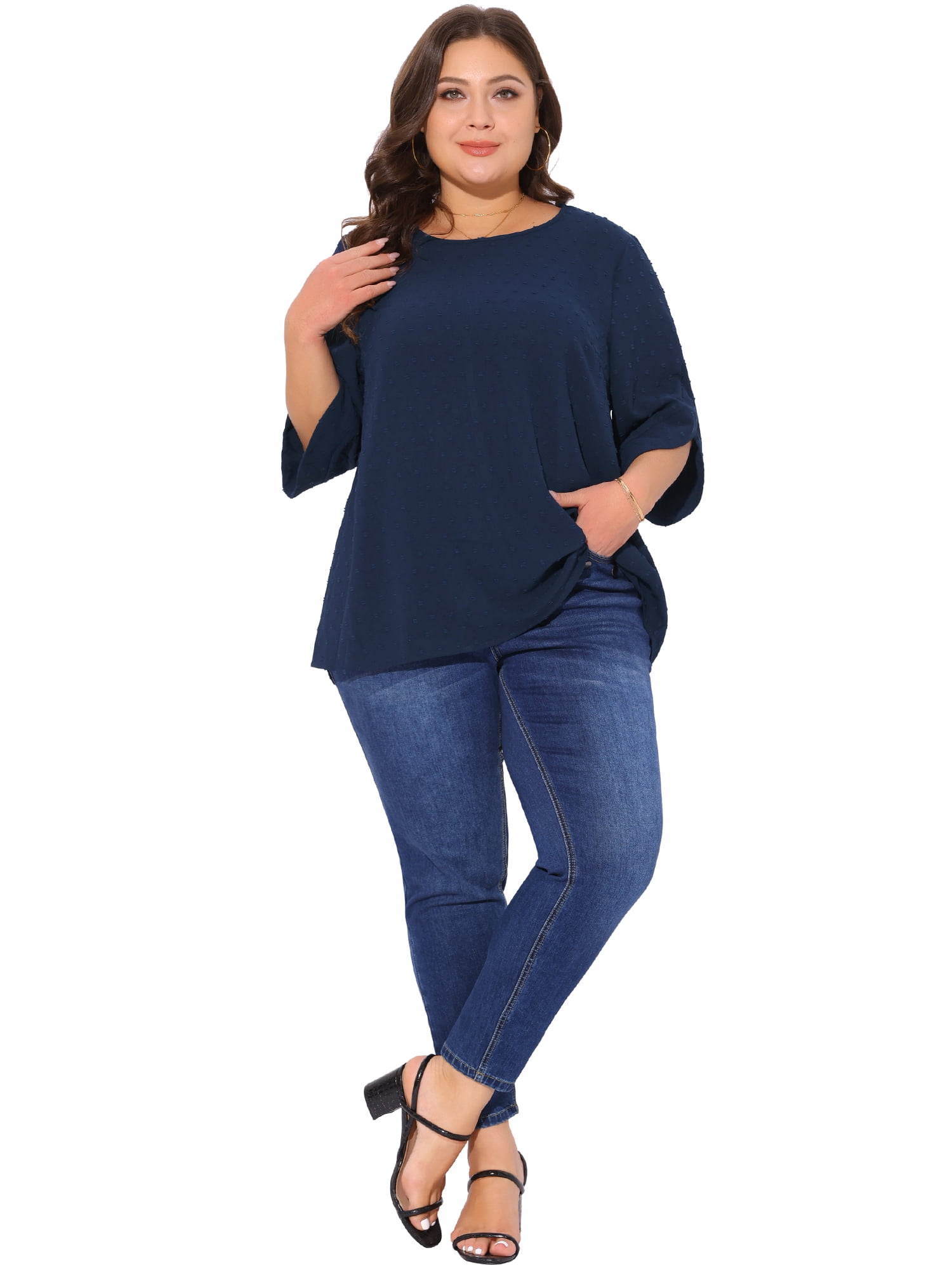DARING DIVA Women's Plus Petal Sleeve Swiss Dots Blouse T-Shirt Tops 2X Navy Blue
