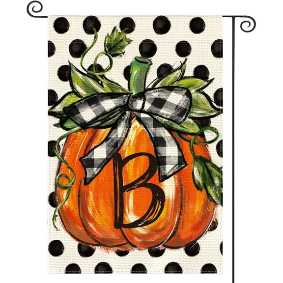 Shmbada Fall Monogram Letter B Garden Flag Polka Dot Pumpkin 12x18 Inch Double Sided Outside, Small Burlap Family Last Name Initial Yard Decoration