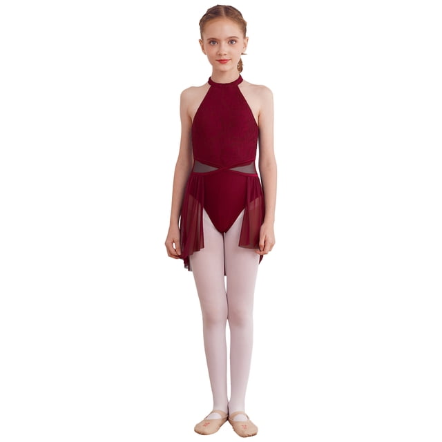 Runhomal Justaucorps-Robe de Ballet Sans Manches en Dentelle Florale pour Filles Enfants, Robe de Danse Lyrique Latine Jazz Moderne Contemporaine, Tenue de Danse Bourgogne 8